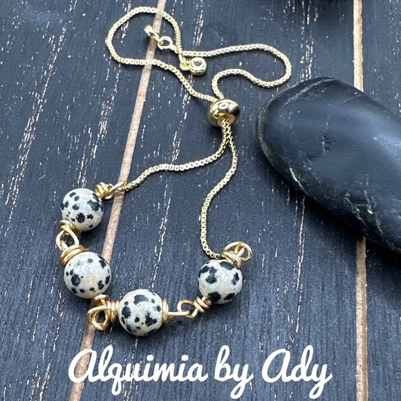 Dalmatian Jasper Rosary ling adjustable gold chain bracelet - Picture 1 of 7